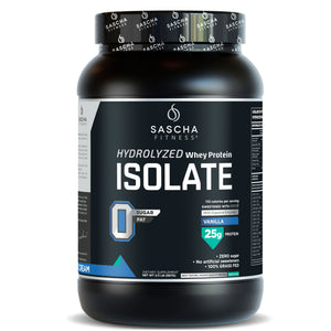 Envase de la proteína Whey Isolate sabor vainilla de Sascha Fitness, 957 g