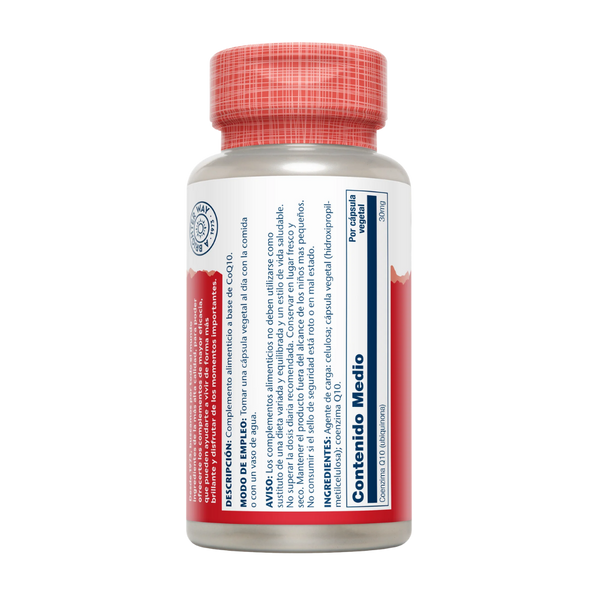 Etiqueta trasera de Solaray CoQ10 Pure 30 mg: modo de empleo, ingredientes y contenido medio