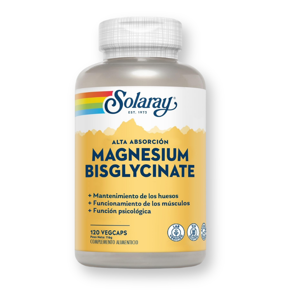 Bote de Solaray Magnesium Bisglycinate alta absorción, 120 cápsulas vegetales