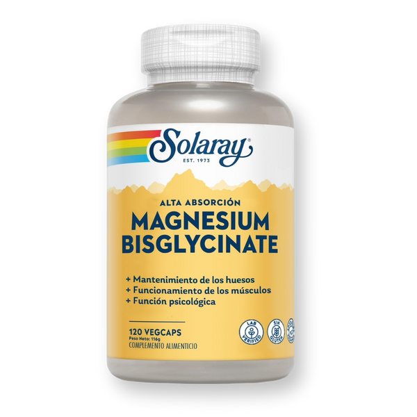 Bote de Solaray Magnesium Bisglycinate alta absorción, 120 cápsulas vegetales