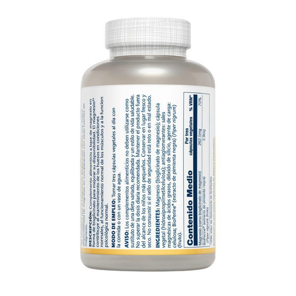Etiqueta trasera de Solaray Magnesium Bisglycinate: modo de empleo, ingredientes y contenido medio