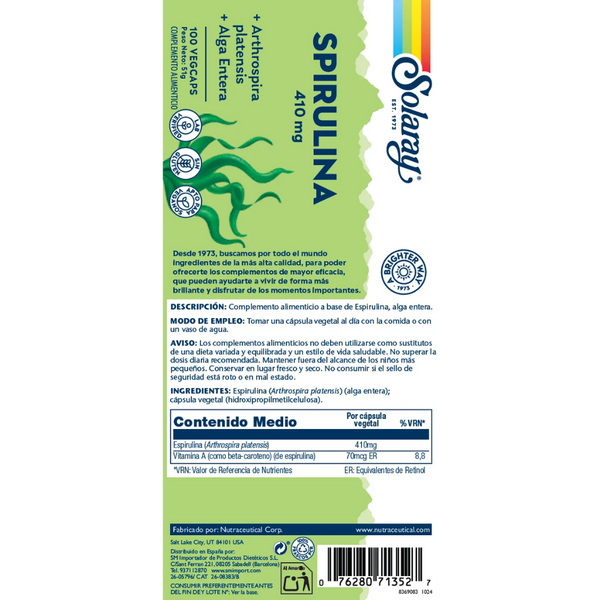 Etiqueta de Solaray Spirulina 410 mg: descripción, modo de empleo, ingredientes y contenido medio