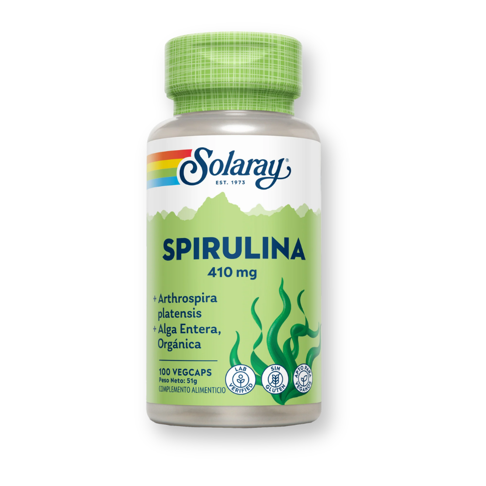 Bote de Solaray Spirulina 410 mg de alga entera, 100 cápsulas vegetales