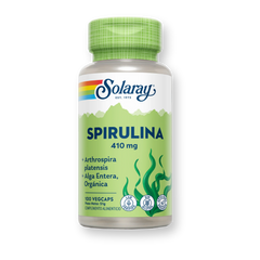 Bote de Solaray Spirulina 410 mg de alga entera, 100 cápsulas vegetales