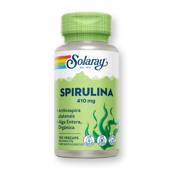 Bote de Solaray Spirulina 410 mg de alga entera, 100 cápsulas vegetales