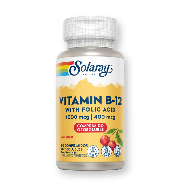 Bote de Solaray Vitamina B12 1000 mcg con ácido fólico, 90 comprimidos orosolubles