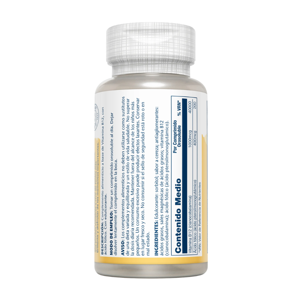 Bote de Solaray Vitamina B12 1000 mcg con ácido fólico, 90 comprimidos orosolubles
