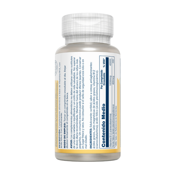 Etiqueta trasera de Solaray Vitamina B12 con ácido fólico: modo de empleo, ingredientes y contenido medio