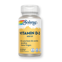 Bote de Solaray Vitamin D-3 400 UI en base de aceite de oliva virgen extra, 120 perlas