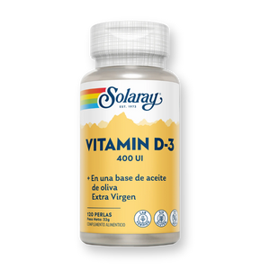 Bote de Solaray Vitamin D-3 400 UI en base de aceite de oliva virgen extra, 120 perlas