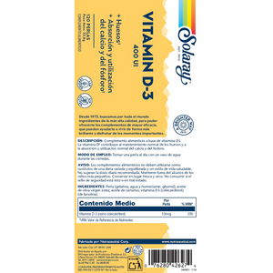 Etiqueta de Solaray Vitamin D-3 400 UI: descripción, modo de empleo, ingredientes y contenido medio