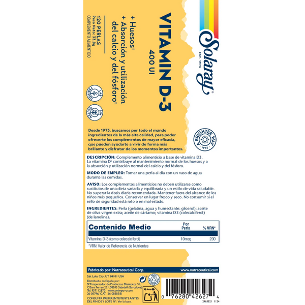Etiqueta de Solaray Vitamin D-3 400 UI: descripción, modo de empleo, ingredientes y contenido medio
