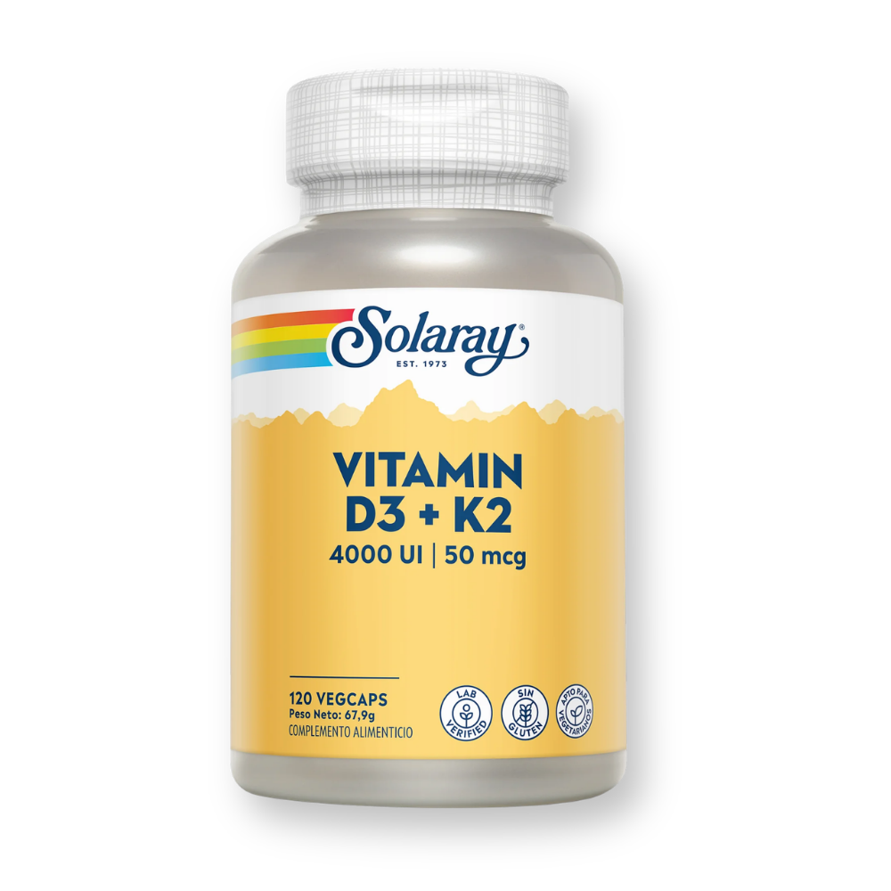Bote de Solaray Vitamin D3 + K2 4000 UI y 50 mcg, 120 cápsulas vegetales