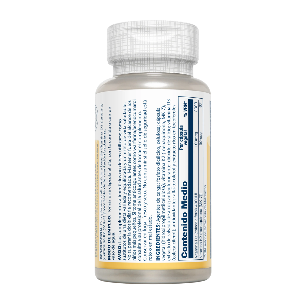 Bote de Solaray Vitamin D3 + K2 4000 UI y 50 mcg, 120 cápsulas vegetales