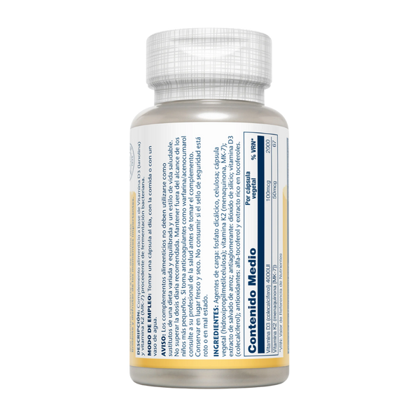 Etiqueta trasera de Solaray Vitamin D3 + K2: modo de empleo, ingredientes y contenido medio