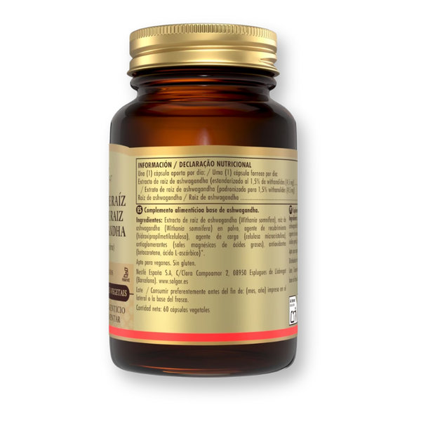 Etiqueta trasera de Solgar Ashwagandha con la información nutricional y los ingredientes