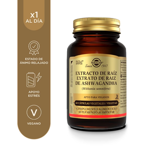 Solgar Ashwagandha: iconos de 1 cápsula al día y apta para veganos