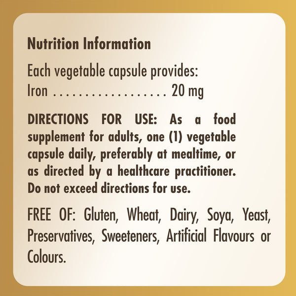 Información nutricional y modo de empleo de Solgar Hierro Gentle 20 mg