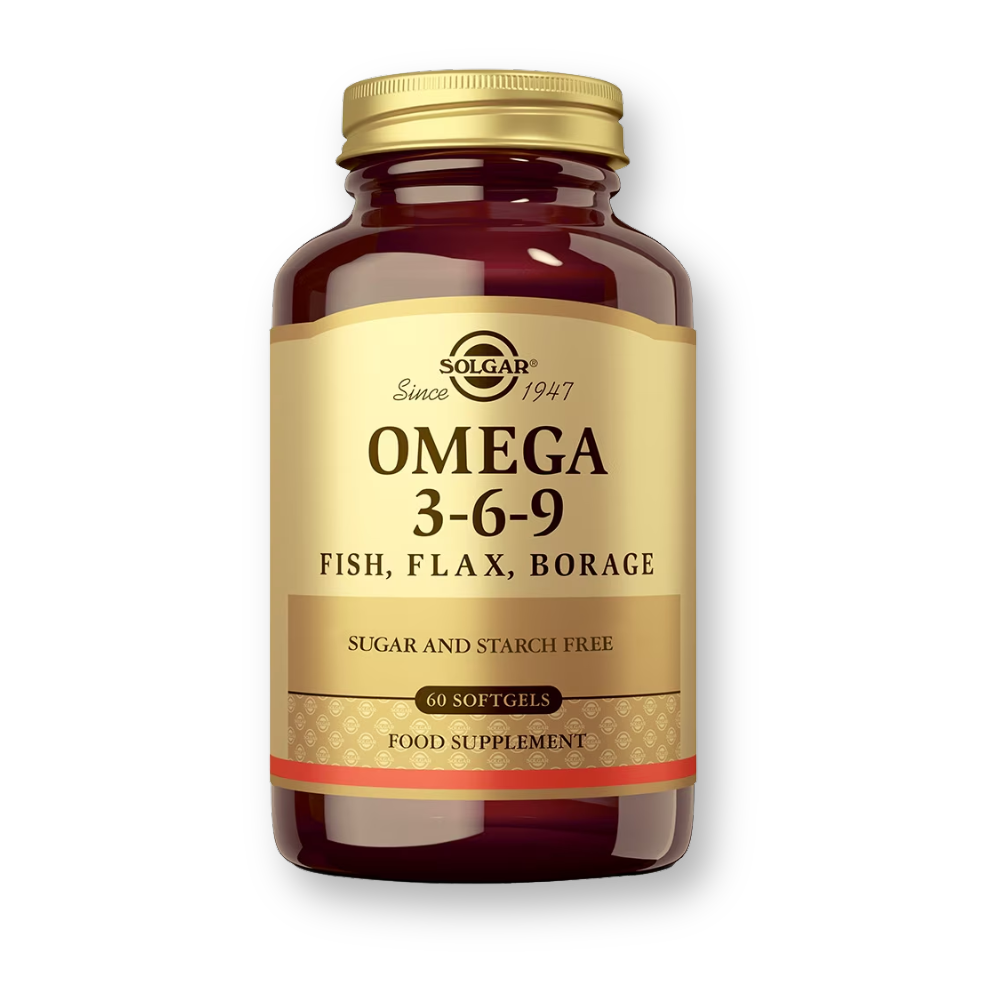 Bote de Solgar Omega 3-6-9 con aceites de pescado, lino y borraja, 60 perlas
