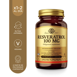 Solgar Resveratrol 100 mg: iconos de 1 a 2 cápsulas al día, vegano y obtenido de Polygonum cuspidatum