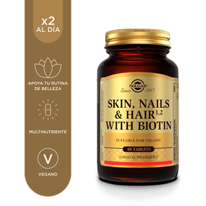 Solgar Piel, Uñas y Cabello con Biotina: iconos de 2 comprimidos al día, multinutriente y vegano