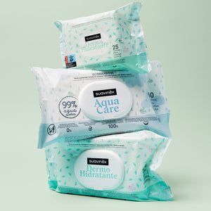 Paquetes de toallitas Suavinex Dermo Hidratante y Aqua Care apilados