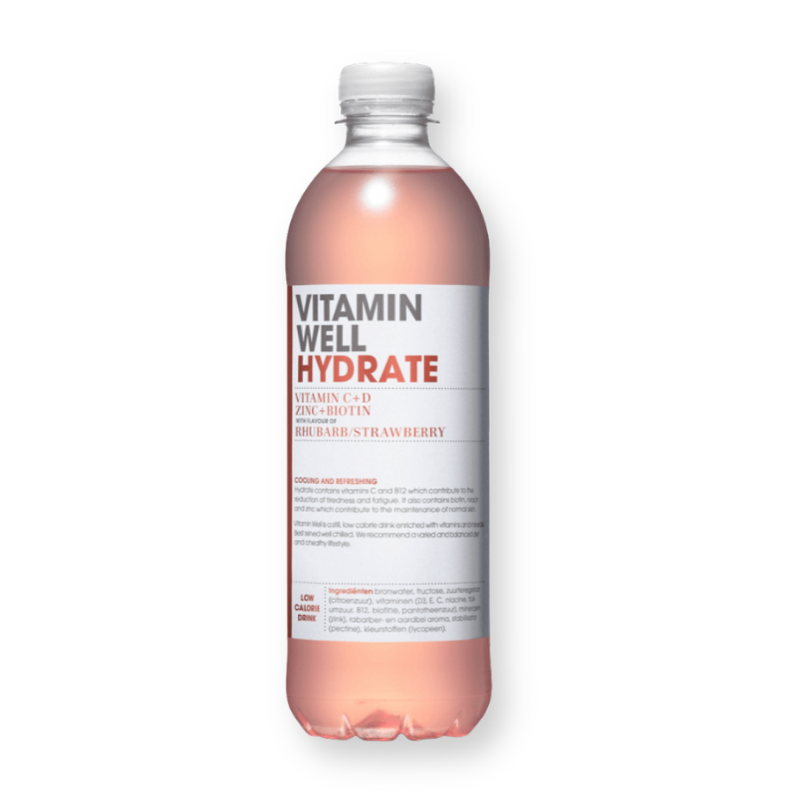 Botella de la bebida Hydrate sabor ruibarbo y fresa de Vitamin Well, 500 ml