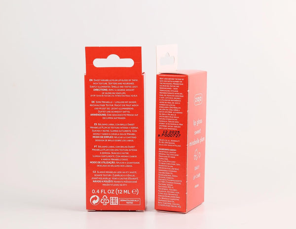 Dorso de la caja del brillo labial Ziaja Juicy Sweet Mirabelle Plum, 12 ml
