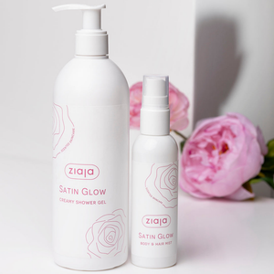 Gel de ducha cremoso y bruma corporal de la línea Ziaja Satin Glow