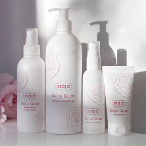 Línea completa Ziaja Satin Glow: tónico facial, gel de ducha, bruma y crema de manos